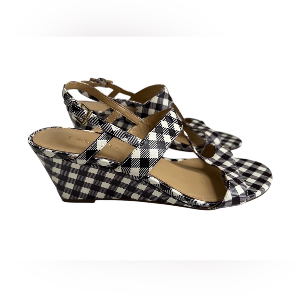 Talbots Royce T-Strap Gingham Wedges Sandals Shoes Black White Checkered 8.5